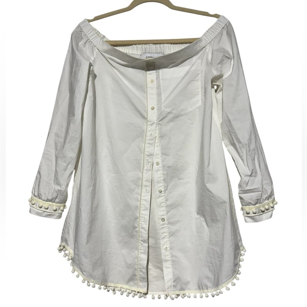 10 Crosby Derek Lam Off Shoulder Pom Pom Tunic Shirt Size 8 Tunic Cotton Poplin